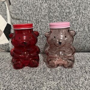 Set of Two Glass Bear Jars with Red and Pink Lids